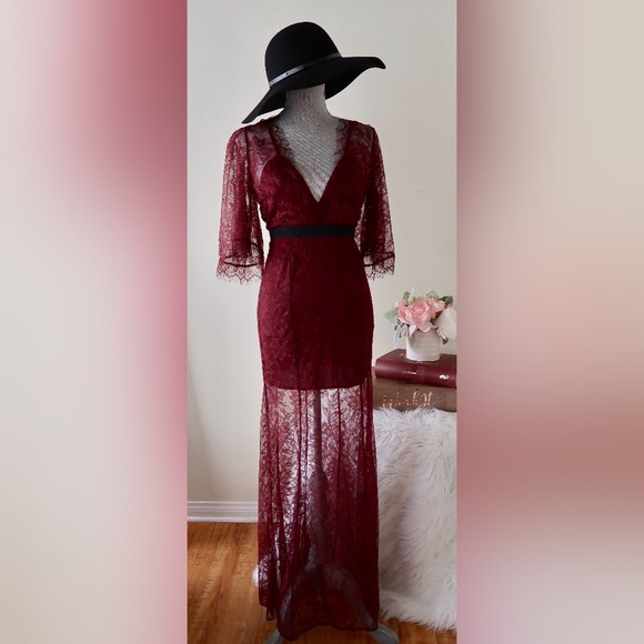 STELLA- Romantic Burgundy Lace Maxi Dress - Picture 7 of 7